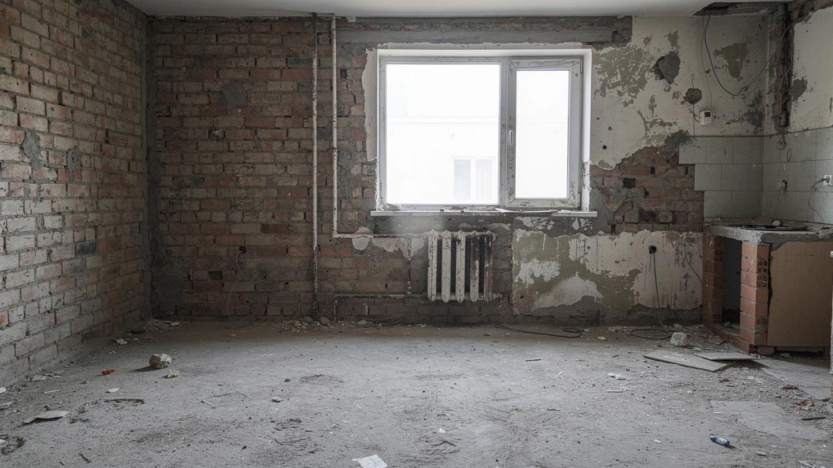 Kitchen and living area of a 68 m² Kyiv apartment before renovation, stripped back to bare brick and screed