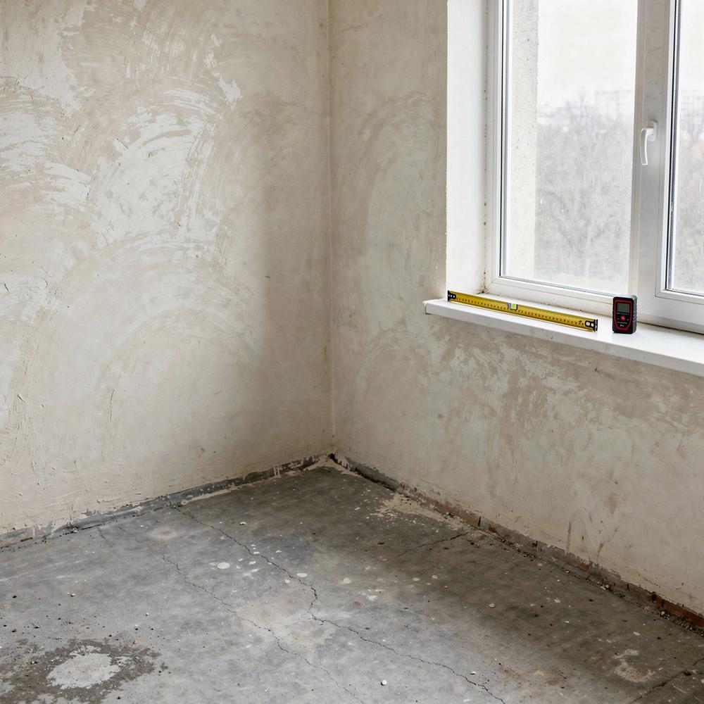 Measured interior of a Kyiv apartment with a hairline dimension line along the wall